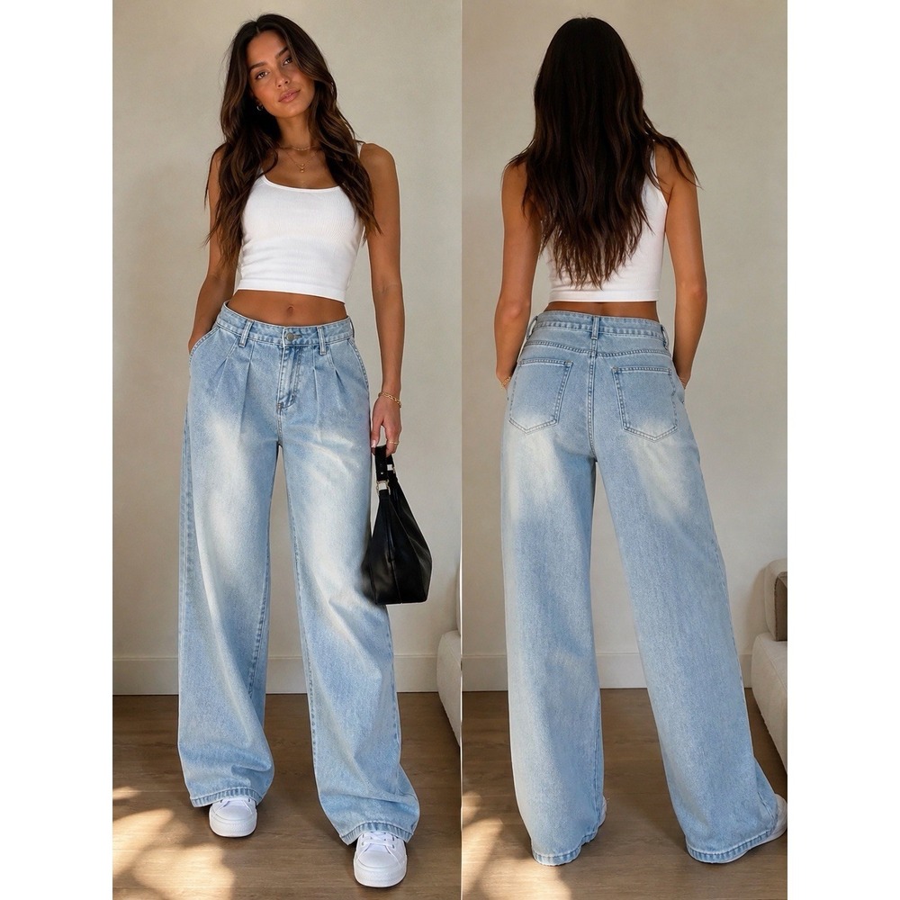 Womens Wide Leg Baggy‎ Jeans Pleated L Skater Dad Jeans Y2K Style